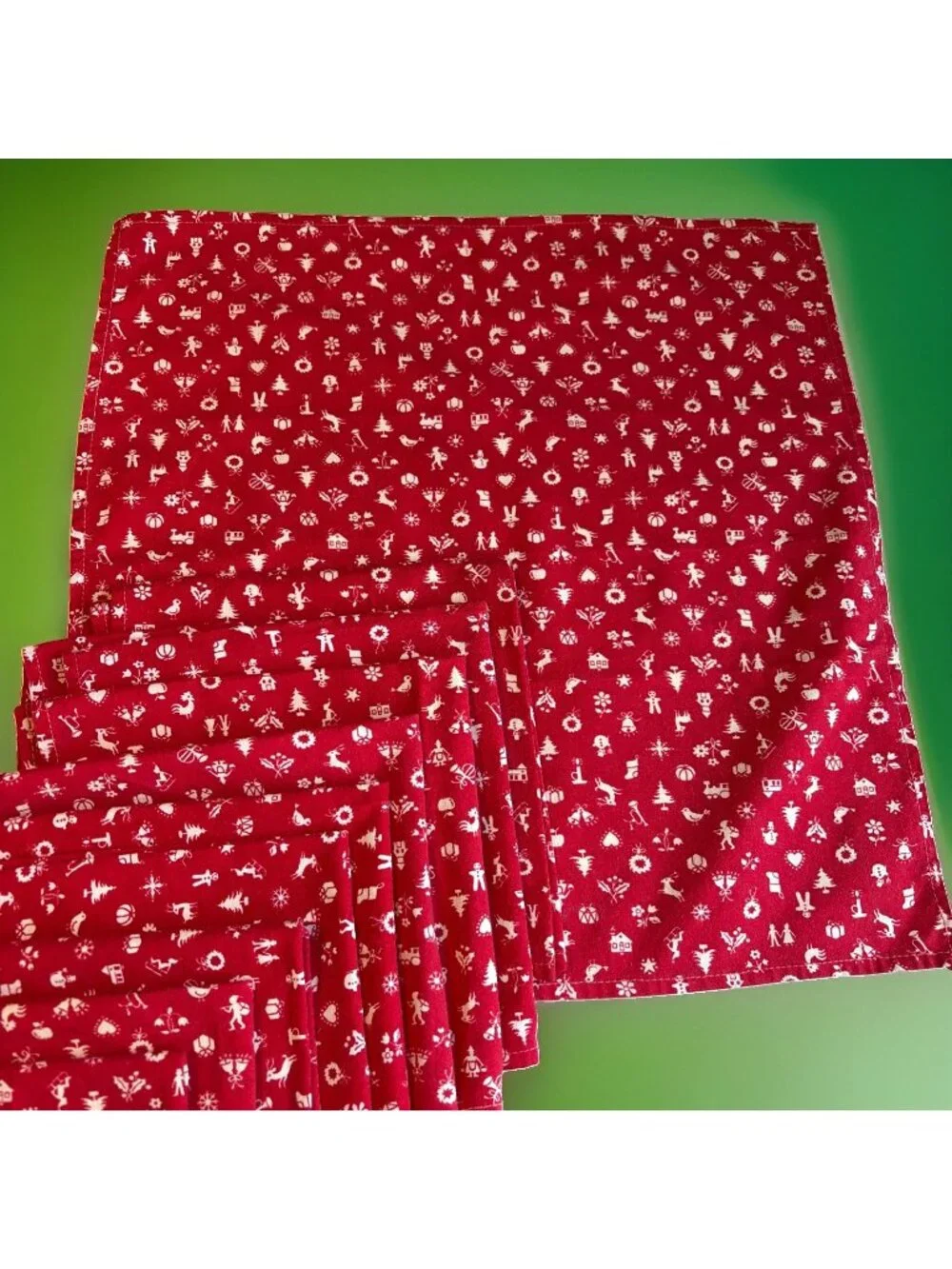 Set of 10 Vintage Handmade Christmas Cloth Napkins 13X13 Red Ditsy Holiday Print